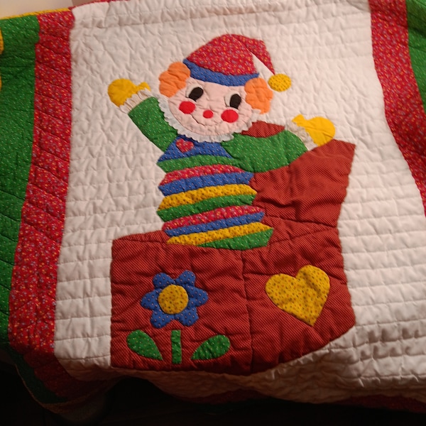 Vintage Handsewn Jack 'N The Box/ Clown Floral Gingham Patchwork Baby Crib Quilt