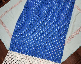 Vintage Blue & White Fringed Handmade Crochet Lap Blanket Table Runner Scarf Shawl Vintage Crochet Cottagecore Country Collectible 1960's