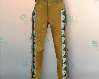 Native Indian American Western Cowboy Einzigartige Wildlederhose, Wildleder Original Hose, Lange Perlen Hose