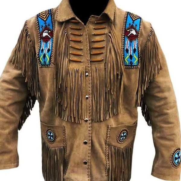 Men's Native American, Handmade Suede Leather Jacket, With Fringes Eagle, Buckskin Leather Jacket Coat, Brown Classic Western With Beads