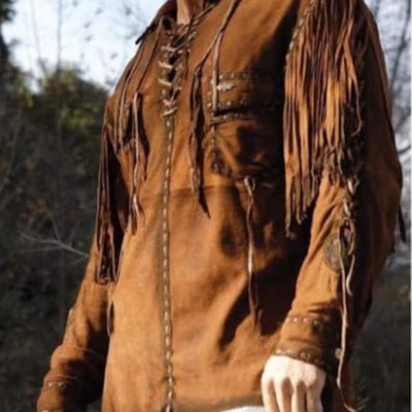 Amérindien pour hommes, chemise de cow-boy western, veste en cuir daim daim, manteau à franges marron, style cow-boy occidental