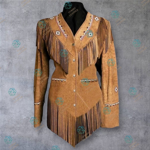 Native American Western, Women's Leather Jacket with Fringe, Womens Jacket Suede Leather, Brown Fringe Native American, Western Style Cowboy