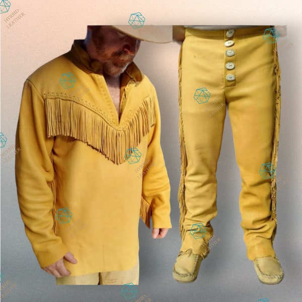 Pantalon de cow-boy de style cow-boy en cuir de daim de style western amérindien avec chemise, costume en cuir de daim pour homme, pantalon en cuir de daim original