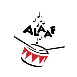以下が含まれることがあります： 赤色のアクセントと2本のドラムスティックが付いたドラムの白黒イラスト。ドラムの上に「ALAAF」という単語と音符が書かれている。