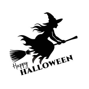 Könnte beinhalten: Eine schwarze Silhouette einer Hexe mit spitzem Hut, die auf einem Besen reitet. Unter der Hexe ist der Text Happy HALLOWEEN in einer schwarzen Serifenschrift gedruckt, die diagonal von unten links nach unten rechts verläuft.