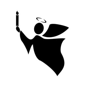 May include: Black silhouette of an angel holding a candle. The angel has a halo and wings.