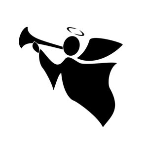 May include: A black silhouette of an angel blowing a trumpet. The angel has a halo and wings.