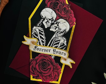 Dark Romantic Coffin Shaped Greeting Card, Forever Yours Skeleton Love. Alternative Valentine & Anniversary Card.
