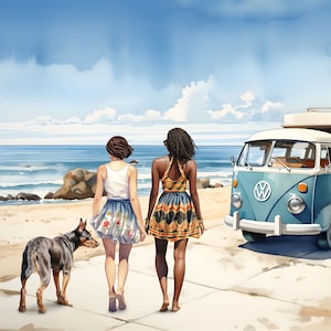 Cliparts sur la plage, personnalisez votre tableau avec 15 silhouettes et 15 chiens, vue de dos de meilleures amies, rendu HD aquarelle