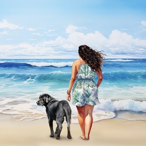 Cliparts face à la mer, personnalisez votre tableau avec 15 silhouettes et 15 chiens, vue de dos de meilleures amies, rendu HD aquarelle