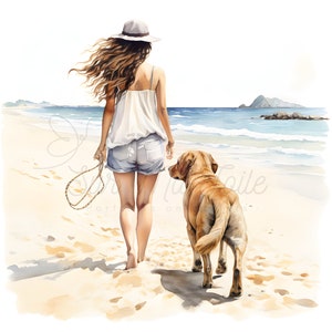 Chien et une femme marchent sur la plage, tableau numérique en HD, peinture aquarelle, idéal impression, sublimation