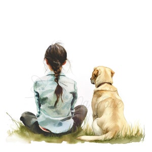 Clipart labrador et son maître assis sur l'herbe, fond blanc, portrait numérique en HD, peinture aquarelle, idéal impression, sublimation