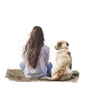 Clipart labrador et son maître assis sur l'herbe, fond blanc, portrait numérique en HD, peinture aquarelle, idéal impression, sublimation
