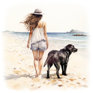 Chien et une femme marchent sur la plage, tableau numérique en HD, peinture aquarelle, idéal impression, sublimation