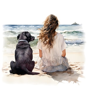 Clipart labrador et son maître assis sur la plage, portrait numérique en HD, peinture aquarelle, idéal impression, sublimation