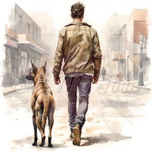 Berger malinois et son maître marchent dans la rue, tableau numérique en HD, peinture aquarelle, idéal impression, sublimation