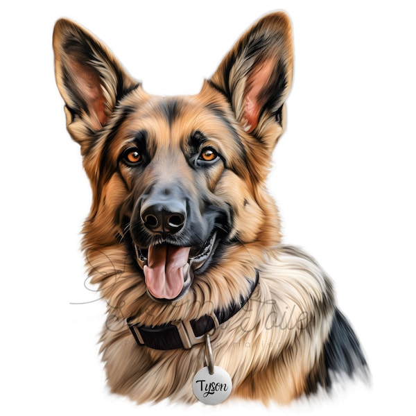 German Shepherd portrait with personalized name, digital painting in HD, watercolor painting, ideal printing, sublimation