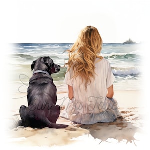 Clipart labrador et son maître assis sur la plage, portrait numérique en HD, peinture aquarelle, idéal impression, sublimation