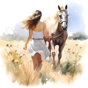 Clipart femme et cheval dans un champ, tableau numérique en HD, peinture aquarelle, idéal impression, sublimation