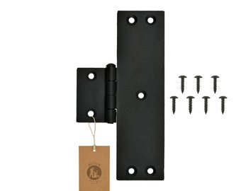 May include: Black heavy-duty door hinge with a 4-inch leaf and 8 screws. The hinge is made of steel and has a matte black finish.