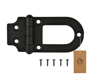 May include: Black metal door hinge with a D-shaped handle and a small brown tag with the text "Moria" and a logo. The hinge is attached to a white background with six black screws.