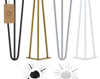 May include: Four hairpin legs in black, gold, silver, and white. The legs are made of metal and have a simple, modern design. They are perfect for adding a touch of industrial style to furniture.