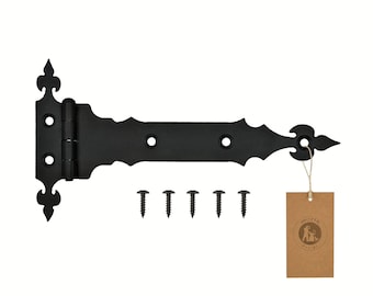 May include: Black metal hinge with decorative flourishes. The hinge is 7 inches long and has 6 screws included.