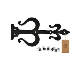 May include: Black metal hinge with a decorative scroll design. The hinge is 7 inches long and comes with 6 screws.