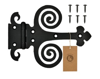 May include: Black metal hinge with a decorative scroll design. The hinge has a traditional style and is suitable for doors, gates, or cabinets. It comes with screws for installation.