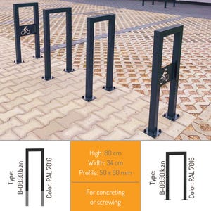 Può includere: Quattro porta biciclette in metallo nero con un simbolo di bicicletta su ciascuno. I supporti sono alti 80 cm, larghi 34 cm e hanno un profilo di 50 x 50 mm. Il testo "Type: B-08.50.b.zn Color: RAL 7016" è sul lato sinistro dell'immagine e il testo "Type: B-08.50.k.zn Color: RAL 7016" è sul lato destro dell'immagine. Il testo "High: 80 cm Width: 34 cm Profile: 50 x 50 mm For concreting or screwing" è al centro dell'immagine.