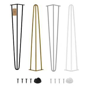 4 x tige en épingle à cheveux | pieds de meubles, pieds de table de 61 à 80 cm | pour table | avec protecteurs de sol et vis | 3 entretoises (différentes couleurs)