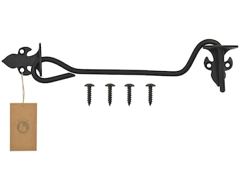 May include: Black metal gate latch with a decorative fleur-de-lis design. The latch has a curved arm and a hook on one end. It comes with five black screws.