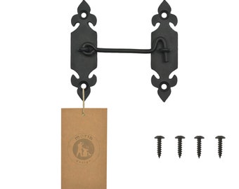 May include: Black metal gate latch with a decorative fleur-de-lis design. The latch has a hook and a bar that slides across. It comes with four black screws.