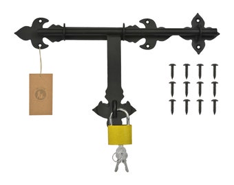 May include: Black metal gate latch with ornate details, featuring a yellow padlock and keys. The latch is mounted on a white background and includes screws for installation.