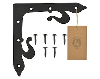 May include: Black metal corner bracket with a decorative scroll design. The bracket comes with six black screws. The bracket is labeled "moria design".