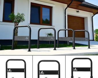 May include: Three black metal bike racks with a bicycle silhouette design. The racks are labeled with the types: B-03.60.b.zn, B-03.60.k.zn, and B-03.60.o.zn.