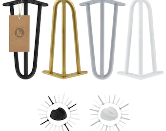 May include: Three hairpin legs in black, gold, and white. Each leg is made of metal and has a hairpin shape. The legs are shown against a white background. The legs are 10 inches tall.