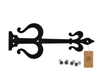 May include: Black metal hinge with a decorative scroll design. The hinge is 12 inches long and has four black screws included.