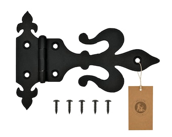 May include: Black metal hinge with a decorative scroll design. The hinge is attached to a brown paper tag with the text "Moria Design".