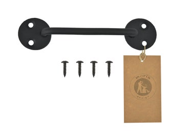May include: Black metal door handle with two round plates and a curved bar. The handle comes with four black screws. The handle has a tag attached with the text "moria design".