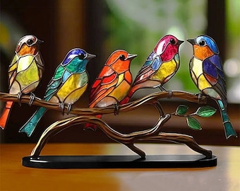 Stained Glass Birds on Branch - Vibrant Hummingbird Desk Ornament, Multicolor Office Decor, Unique Metal Plane Desktop Accessory