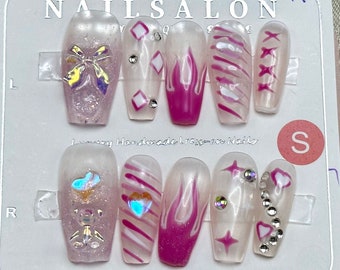 3D Bow/Sparkling Pink Nails/Y2K Nails/Press On Nails/Hand-painted Nails/Gel Nails/Custom Gel Nail Press-On/Well Handmad