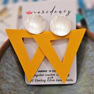 Scottish Upcycled Leather Triangle Statement Earrings with 925 Sterling Silver Backs. Perfect for a night out or parties.
