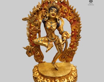 Wrathful Jogini Statue | 24K Gold Vajrayana Protector with Damaru Drum