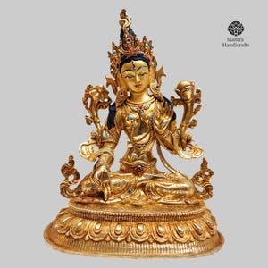 24K Gold Gilded White Tara Statue: Tibetan Copper Sculpture