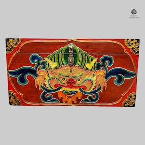 Handcrafted Tibetan Wooden Box: Cheppu Design, Buddhist Decor