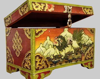 Snow Lion Wooden Box | Tibetan Traditional Design | Hand-Painted Himalayan Art