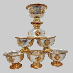Hand Carved Tibetan Copper Water Offering Bowls Set of Seven Bowls | Altar Shrine Monastery Bowls | Copper Bowl | Altar Bowl