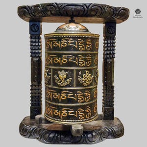 Handmade Tibetan Wall Prayer Wheel | Carved Mantra, Ashtamangala Symbols | Copper and Wood Decor from Nepal