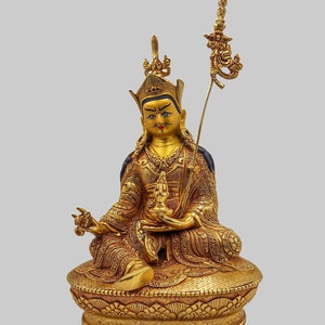 24K Gold Gilded Padmasambhava Statue: Tibetan Buddhist Figurine